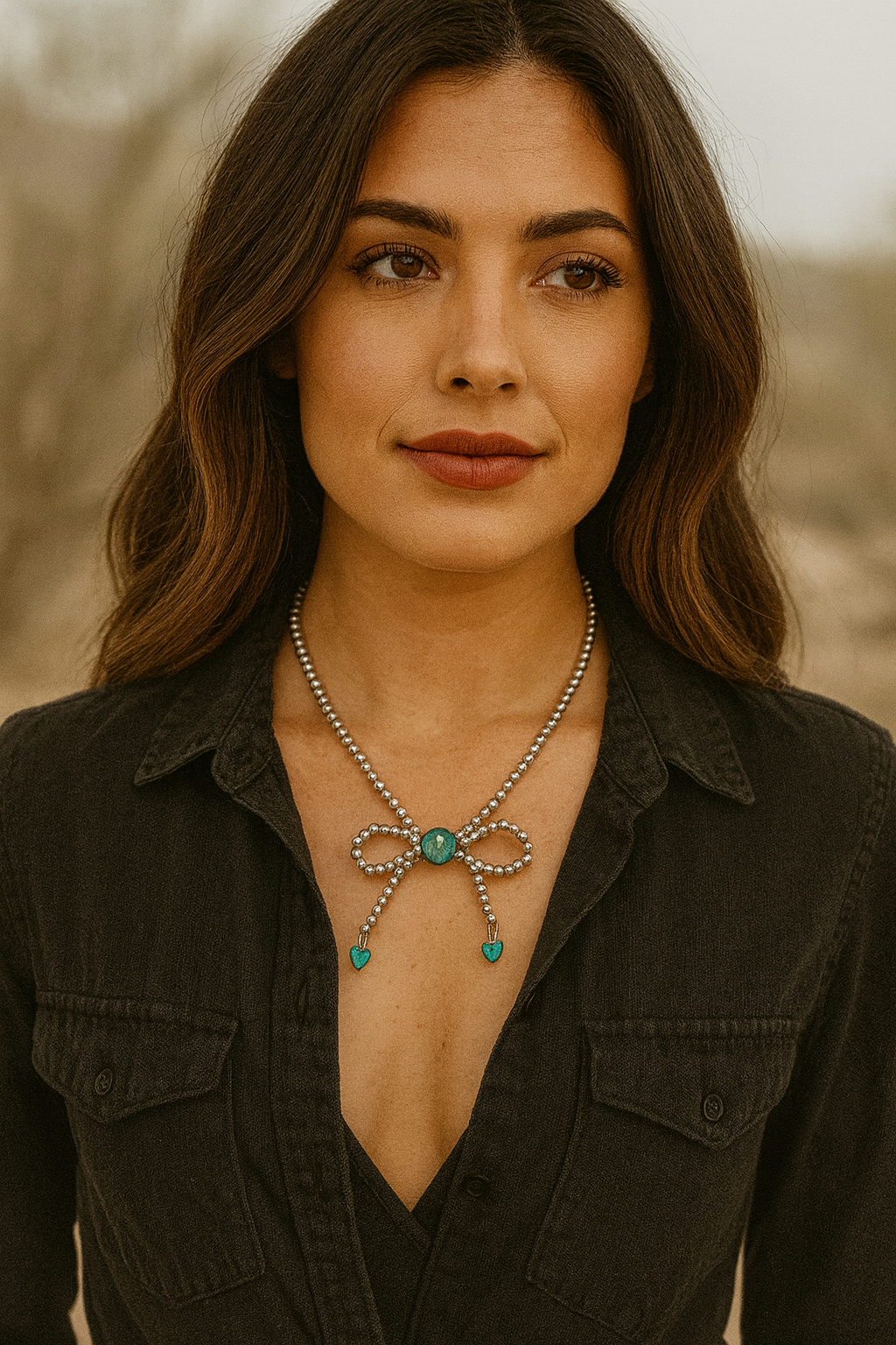 Handmade Bow Tiny 4mm Silver Navajo Bead & Gemstone Necklace, Adjustable 15"-20", 10mm Rondelle & 6mm Heart Gemstones, Nickel Free 739539