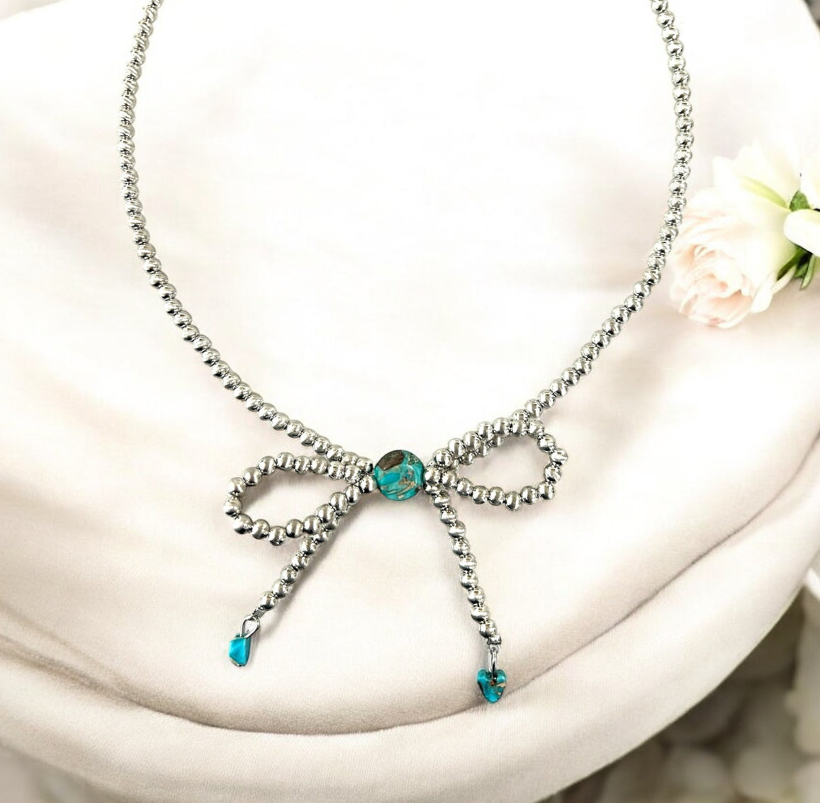 Handmade Bow Tiny 4mm Silver Navajo Bead & Gemstone Necklace, Adjustable 15"-20", 10mm Rondelle & 6mm Heart Gemstones, Nickel Free 739539