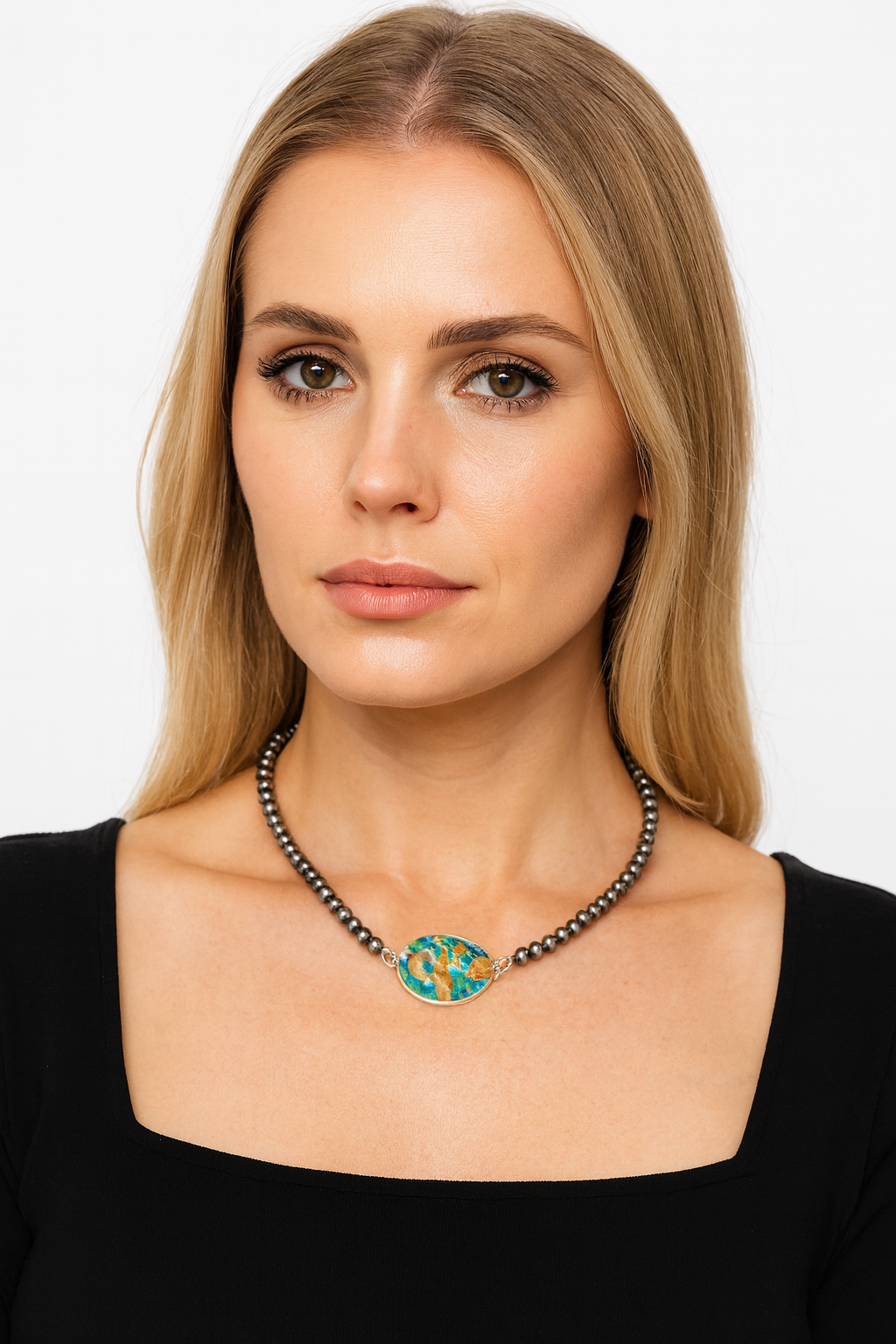 Handmade 6mm Navajo Bead Necklace with Bezel Gemstone Pendant, Western Boho Cowgirl Jewelry, Silver Bead Necklace739554