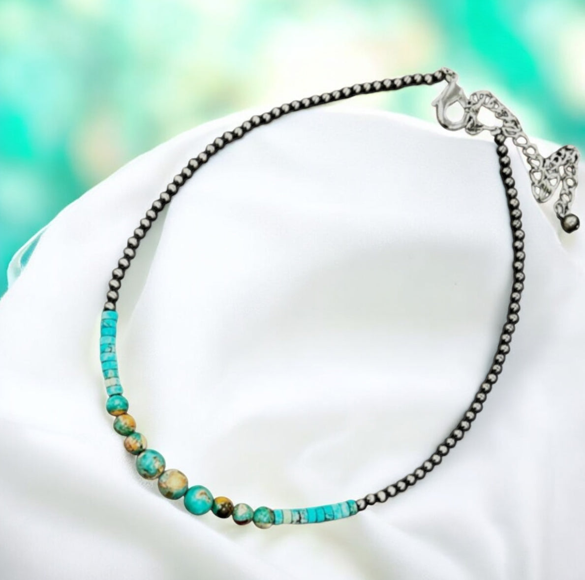 16" to 21" Long, Handmade Clustered Gemstone & 4mm Polish Navajo Bead Necklace 739592