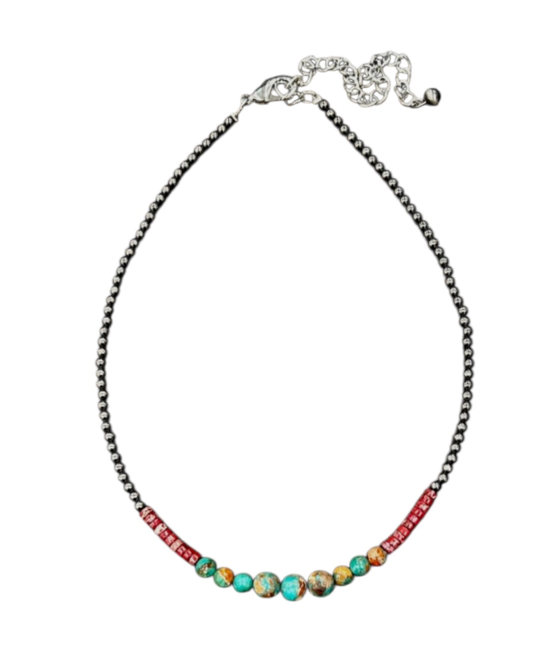 16" to 21" Long, Handmade Clustered Gemstone & 4mm Polish Navajo Bead Necklace 739593
