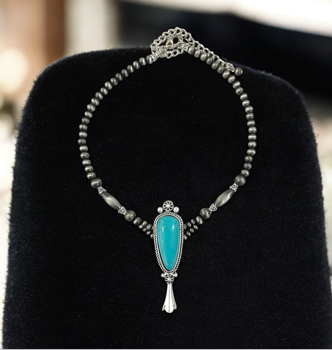 15"–20" Handmade Navajo Bead Necklace with Squash Naja Turquoise Pendant 739630