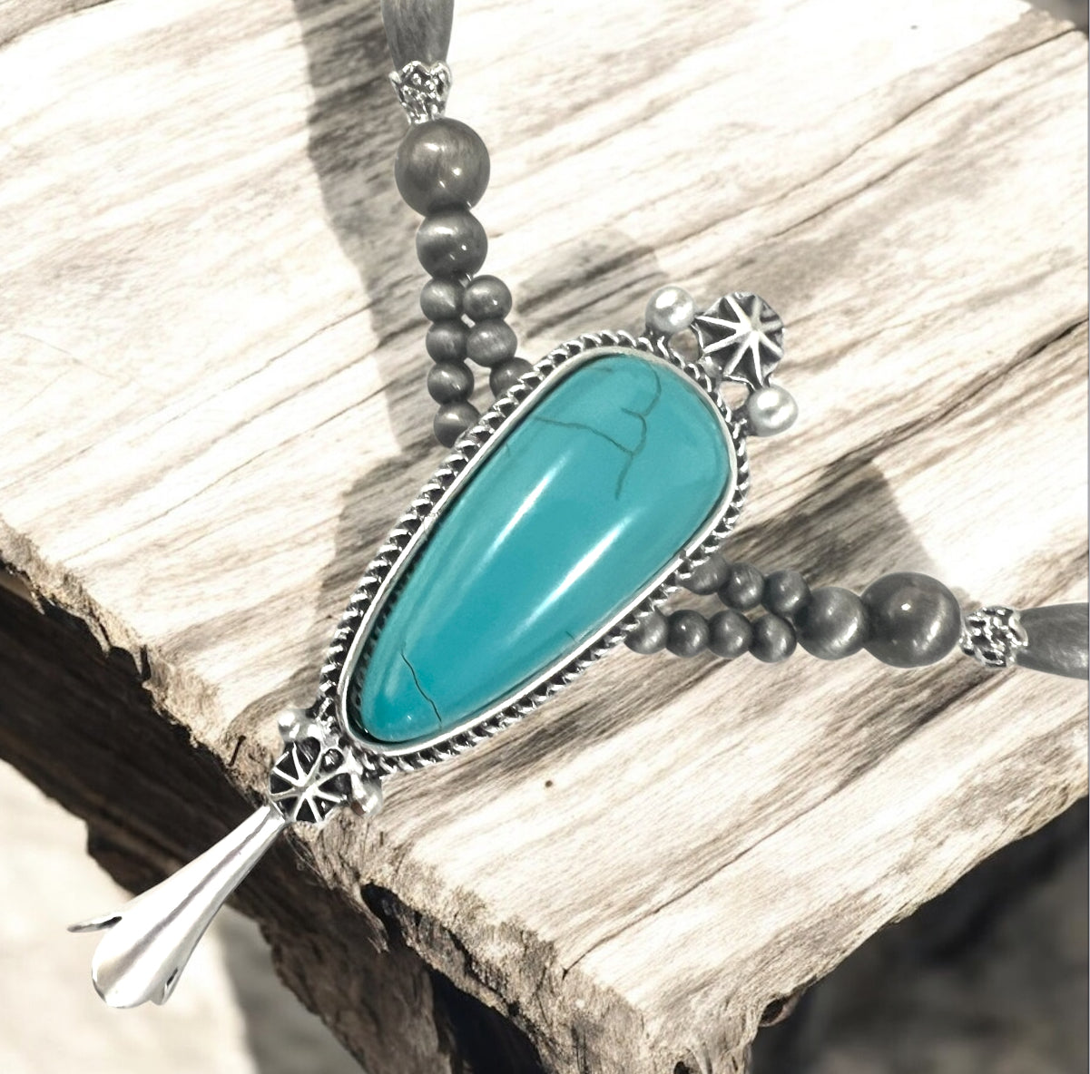 15"–20" Handmade Navajo Bead Necklace with Squash Naja Turquoise Pendant 739630