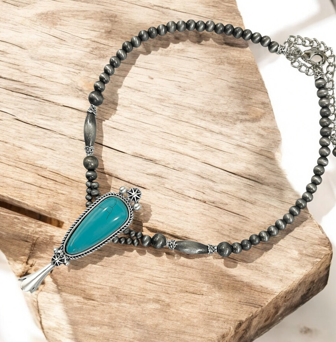 15"–20" Handmade Navajo Bead Necklace with Squash Naja Turquoise Pendant 739630