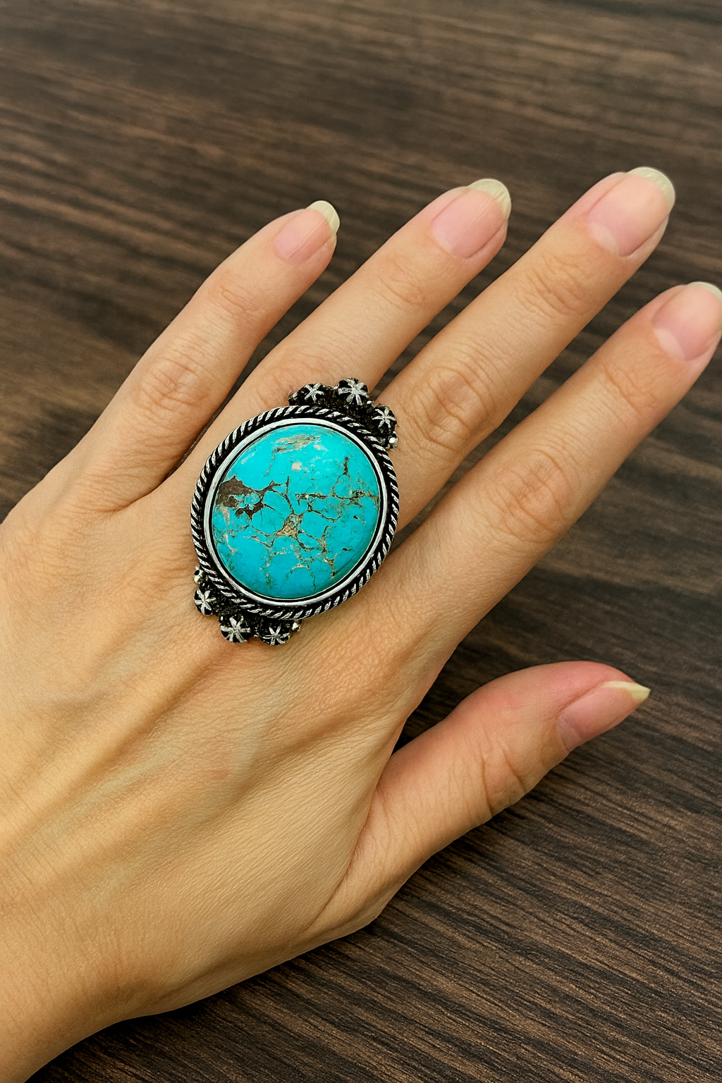 Big! 1.5" Long Turquoise Ring, Brass Dual Adjustable Band, Antique Silver Plate 750187