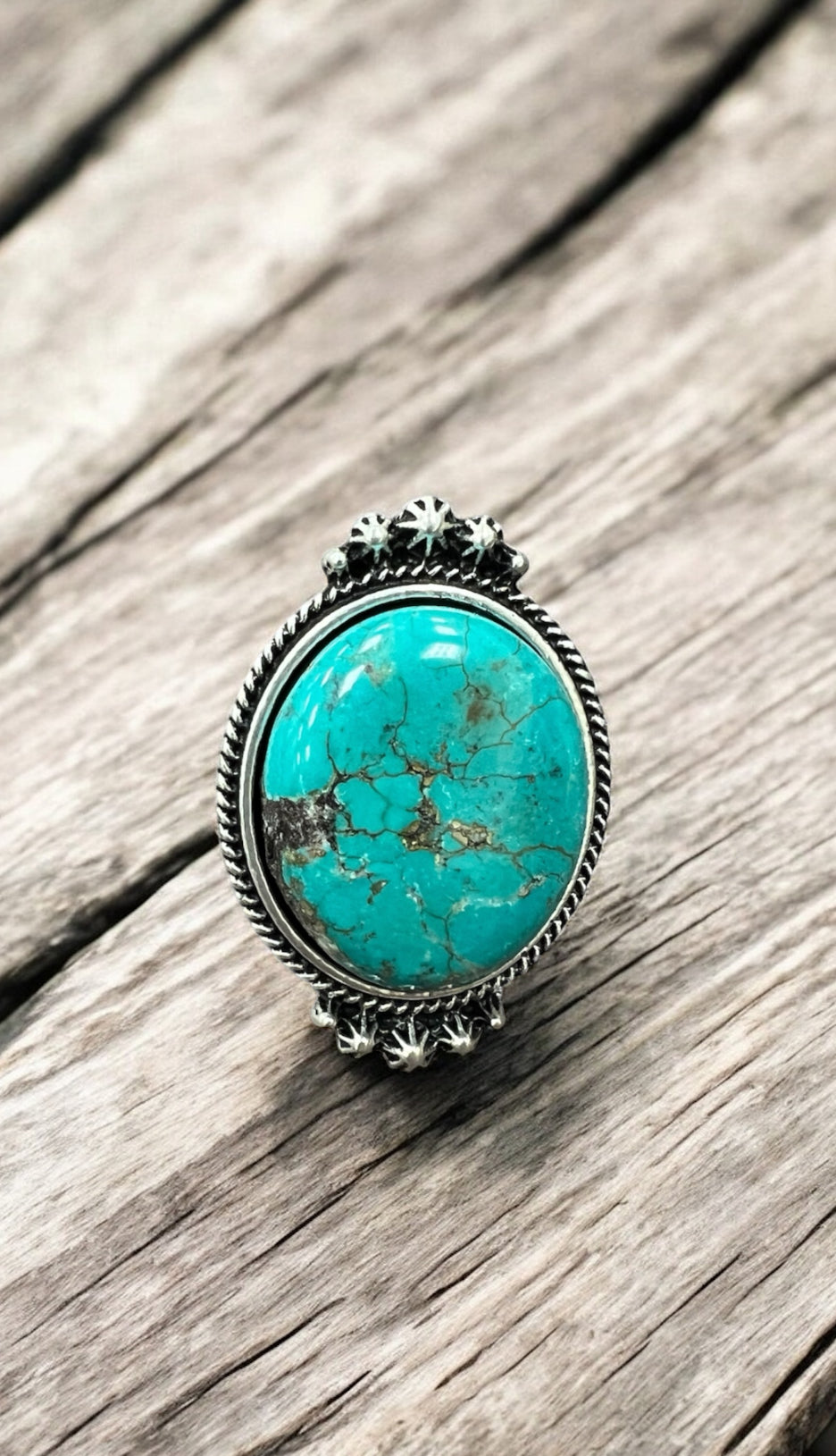 Big! 1.5" Long Turquoise Ring, Brass Dual Adjustable Band, Antique Silver Plate 750187