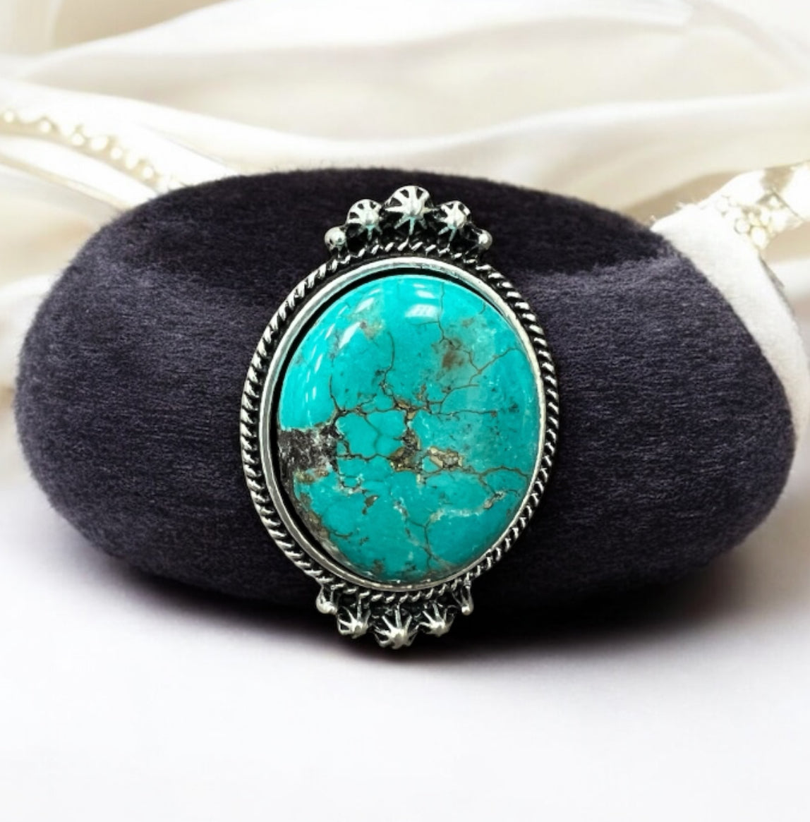 Big! 1.5" Long Turquoise Ring, Brass Dual Adjustable Band, Antique Silver Plate 750187