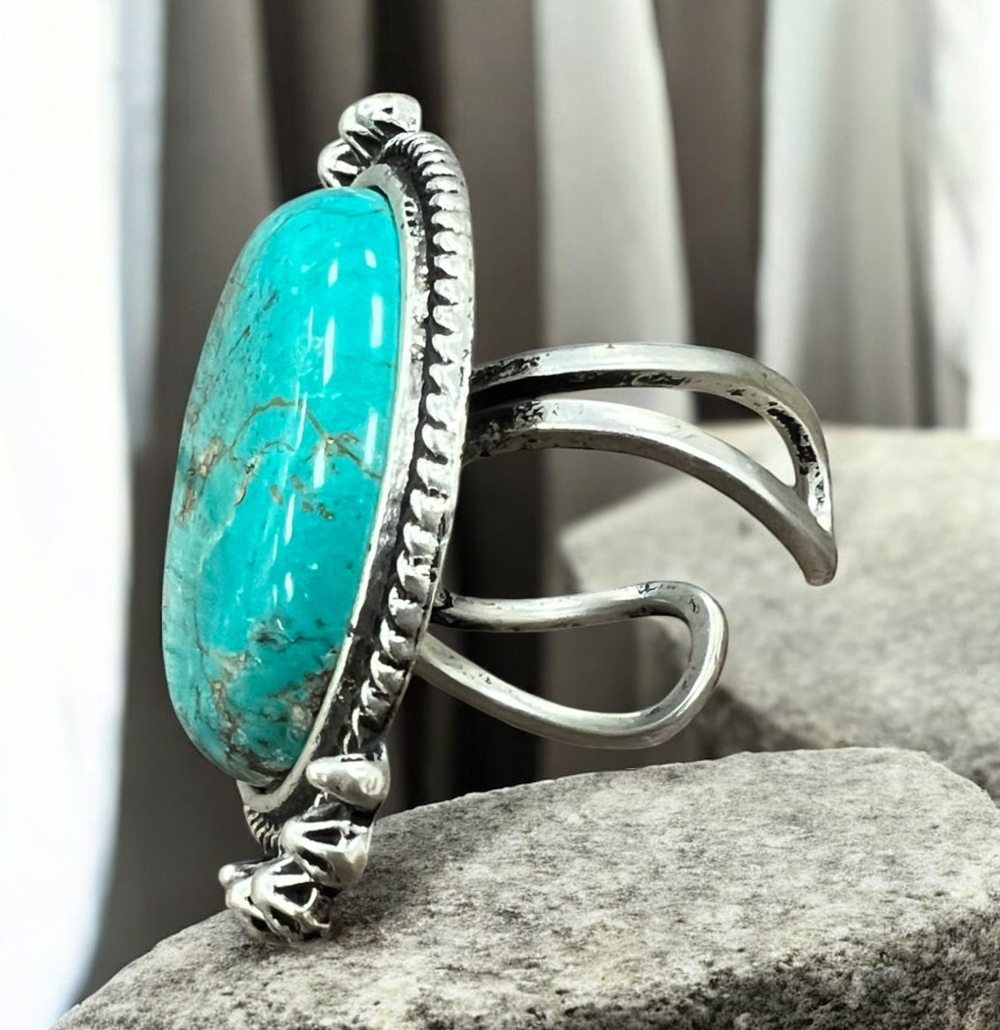 Big! 1.5" Long Turquoise Ring, Brass Dual Adjustable Band, Antique Silver Plate 750187