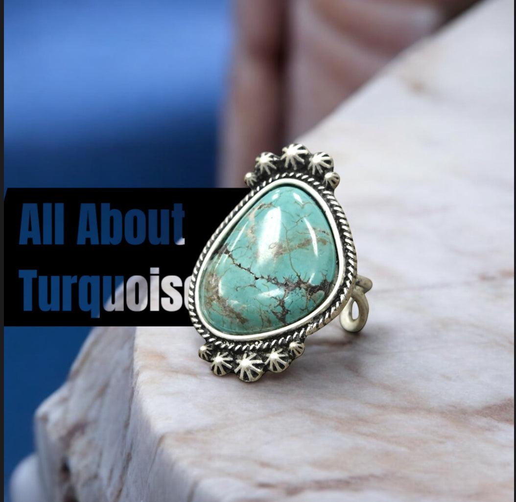Big! 1.5" Long Turquoise Adjustable Ring, Brass Dual Band 750223