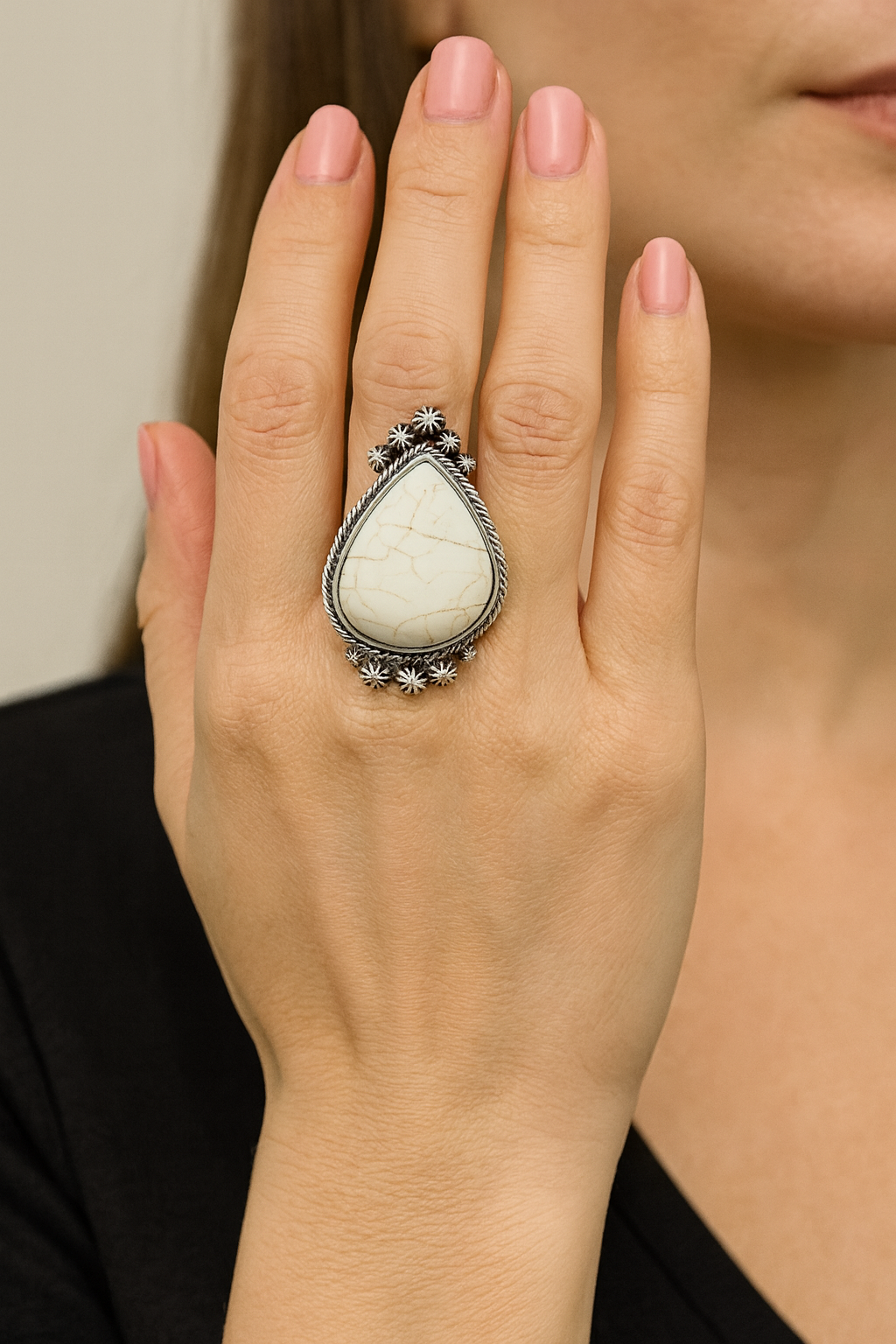 Big! 1.5" Long White Turquoise Adjustable Ring, Brass Dual Band 750263