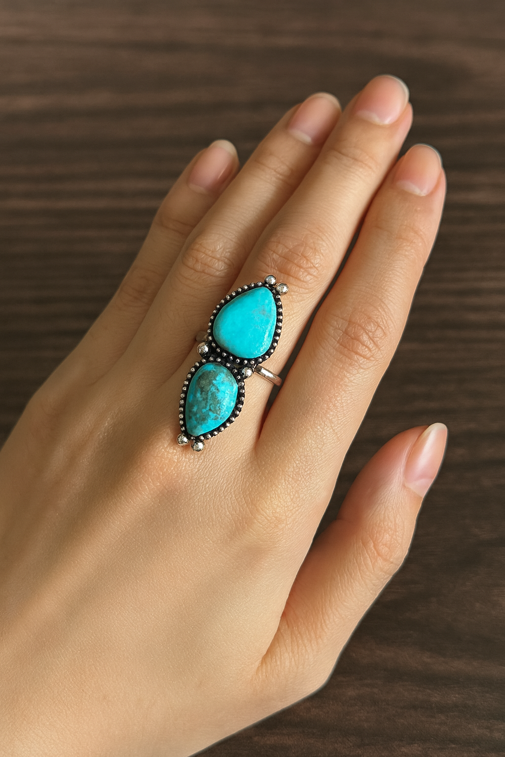 1.5" Long Navajo Turquoise Ring, Brass Dual Adjustable Band, Antique Silver Plate 750456