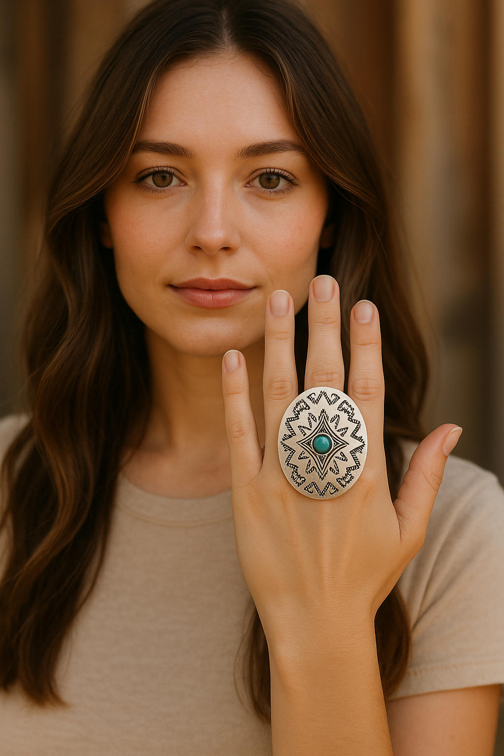 Big 2" Long Concho Turquoise Ring, Brass Dual Adjustable Band, Western Boho Cowgirl Jewelry
