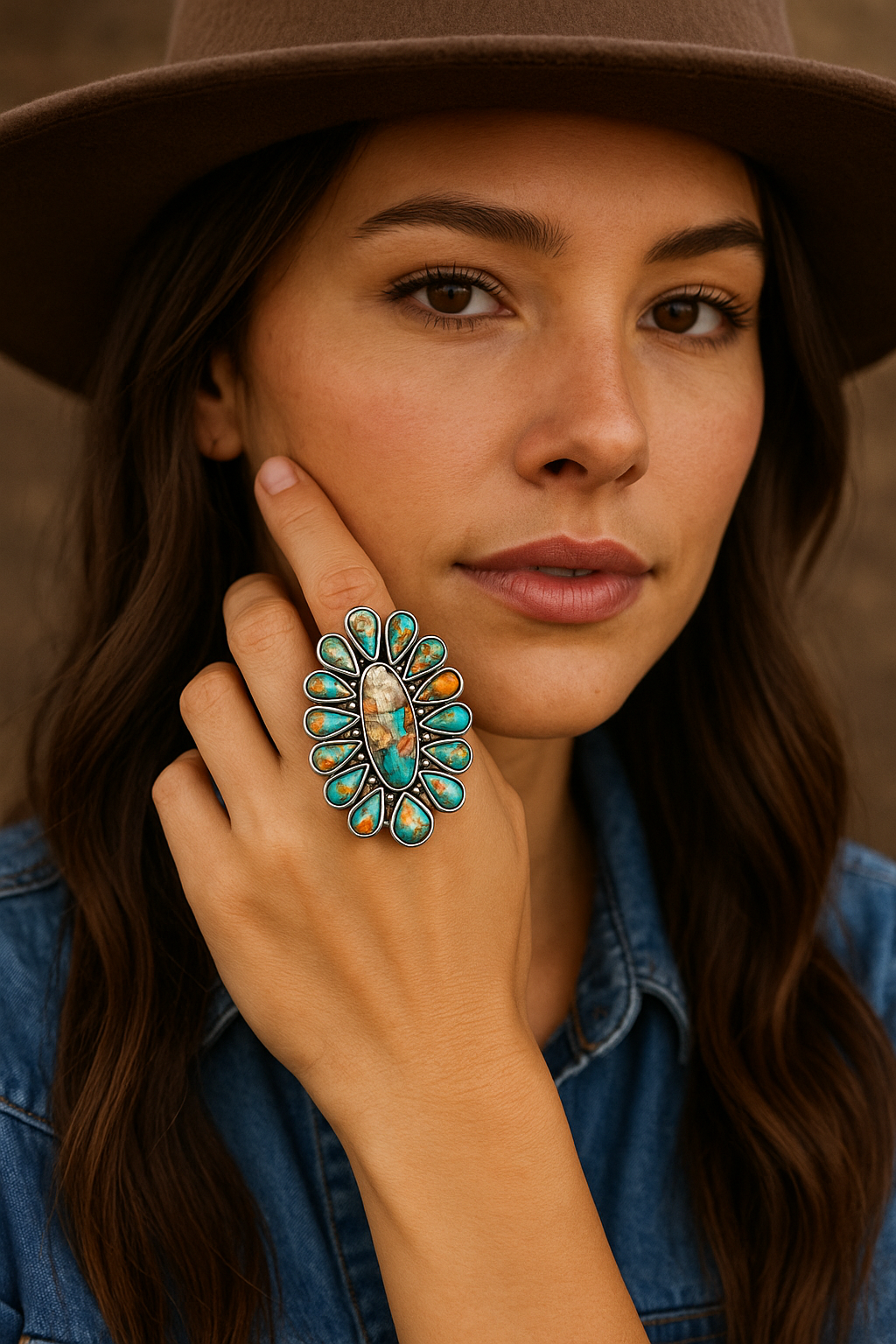 Big! 2.3" Long, Navajo Gemstone Ring – Brass Dual Adjustable Band, Antique Silver Plated, Western Jewelry 750485