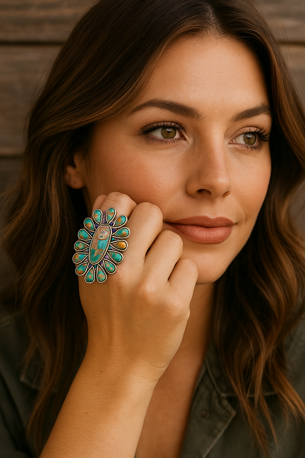 Big! 2.3" Long, Navajo Gemstone Ring – Brass Dual Adjustable Band, Antique Silver Plated, Western Jewelry 750485