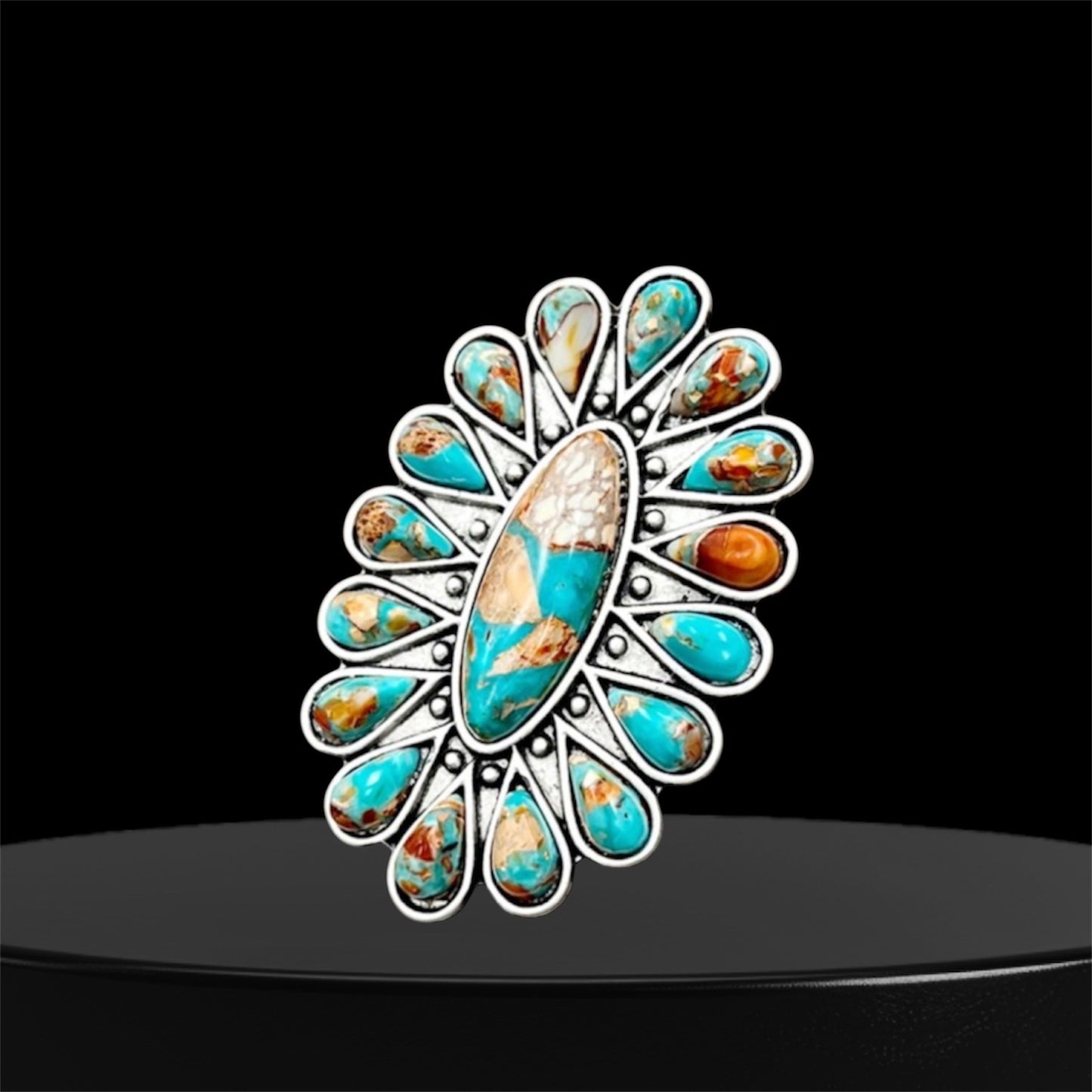 Big! 2.3" Long, Navajo Gemstone Ring – Brass Dual Adjustable Band, Antique Silver Plated, Western Jewelry 750485