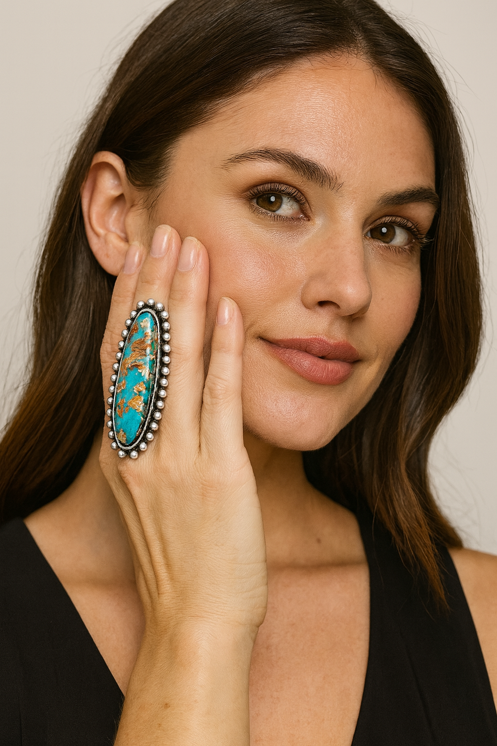 2.6" Long, Very-Big Gemstone Ring, Brass Dual Adjustable Band, Antique Silver Plate 750509