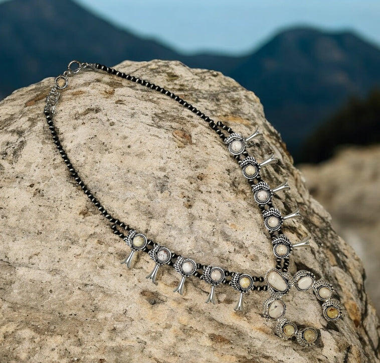 24 Inch Long Squash Blossom White Turquoise Necklace 732630