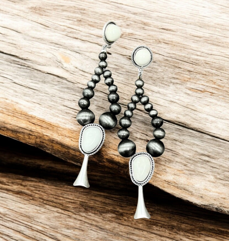 Handmade Graduated Navajo Bead Squash Blossom White Turquoise Post Earrings 723430