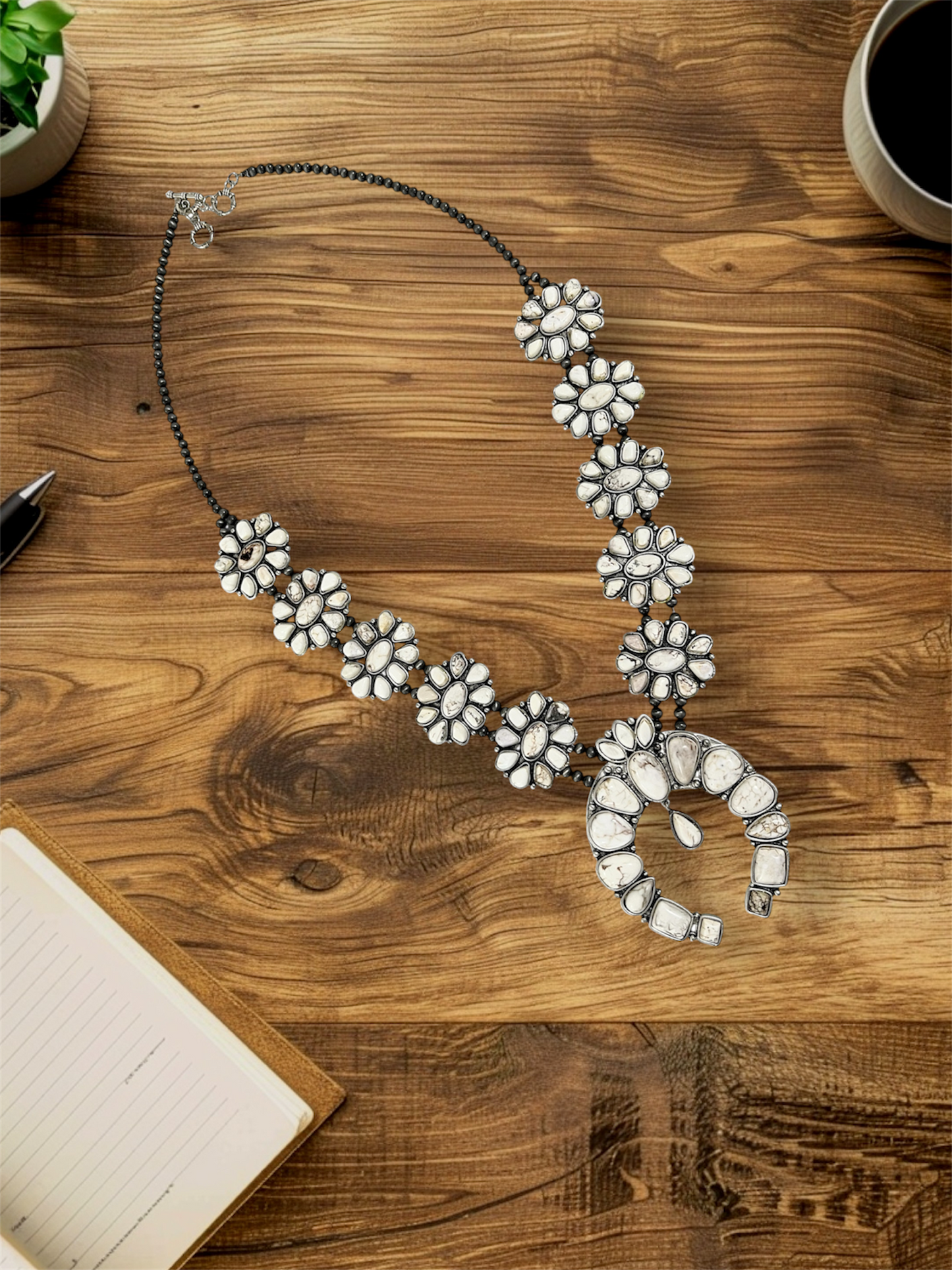 Monster Full Squash Blossom White Turquoise Necklace – Western Navajo Style Statement Jewelry 732034