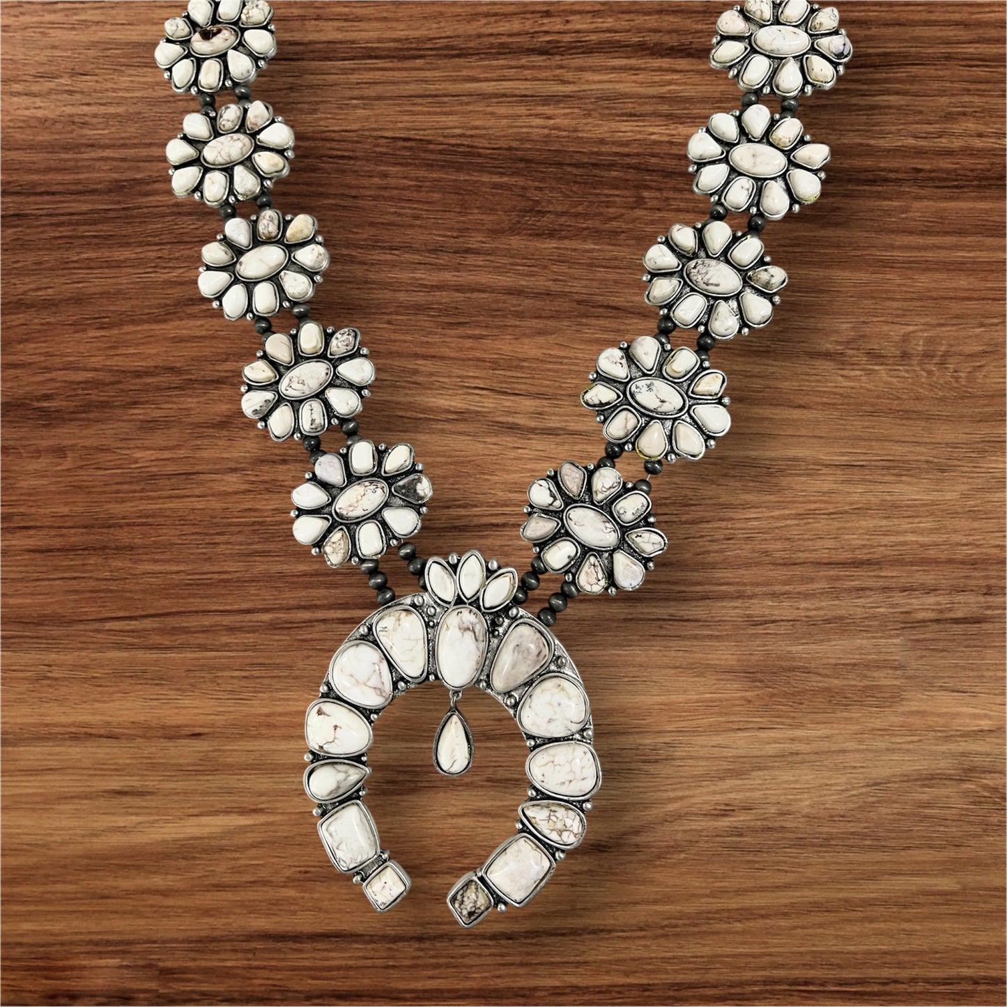 Monster Full Squash Blossom White Turquoise Necklace – Western Navajo Style Statement Jewelry 732034