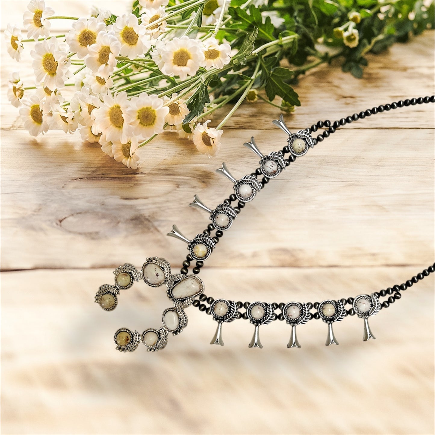 24 Inch Long Squash Blossom White Turquoise Necklace 732630