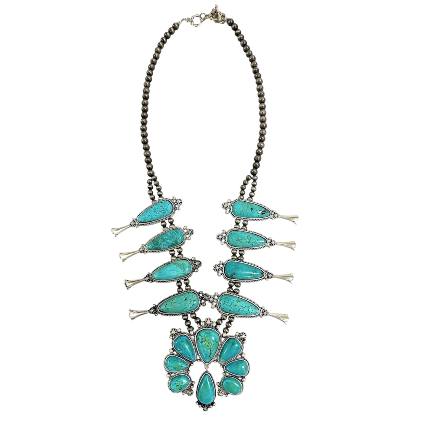 32 Inch Long Squash Blossom Turquoise Necklace – Western Statement Jewelry with Navajo Style Beads 731657-1