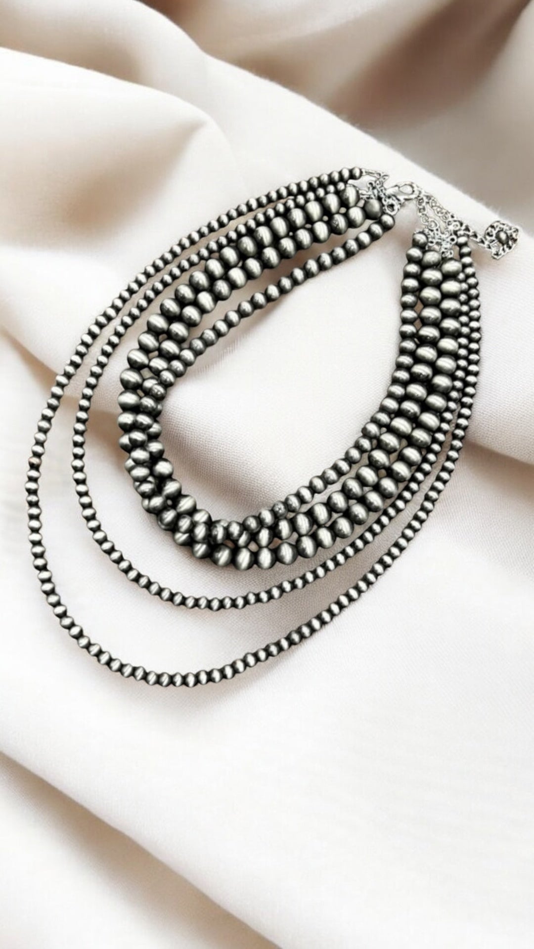 Handmade 5-Strand Navajo Pearl Necklace, Layered Western Cowgirl Jewelry, Boho Silver Bead Statement Necklace 737862