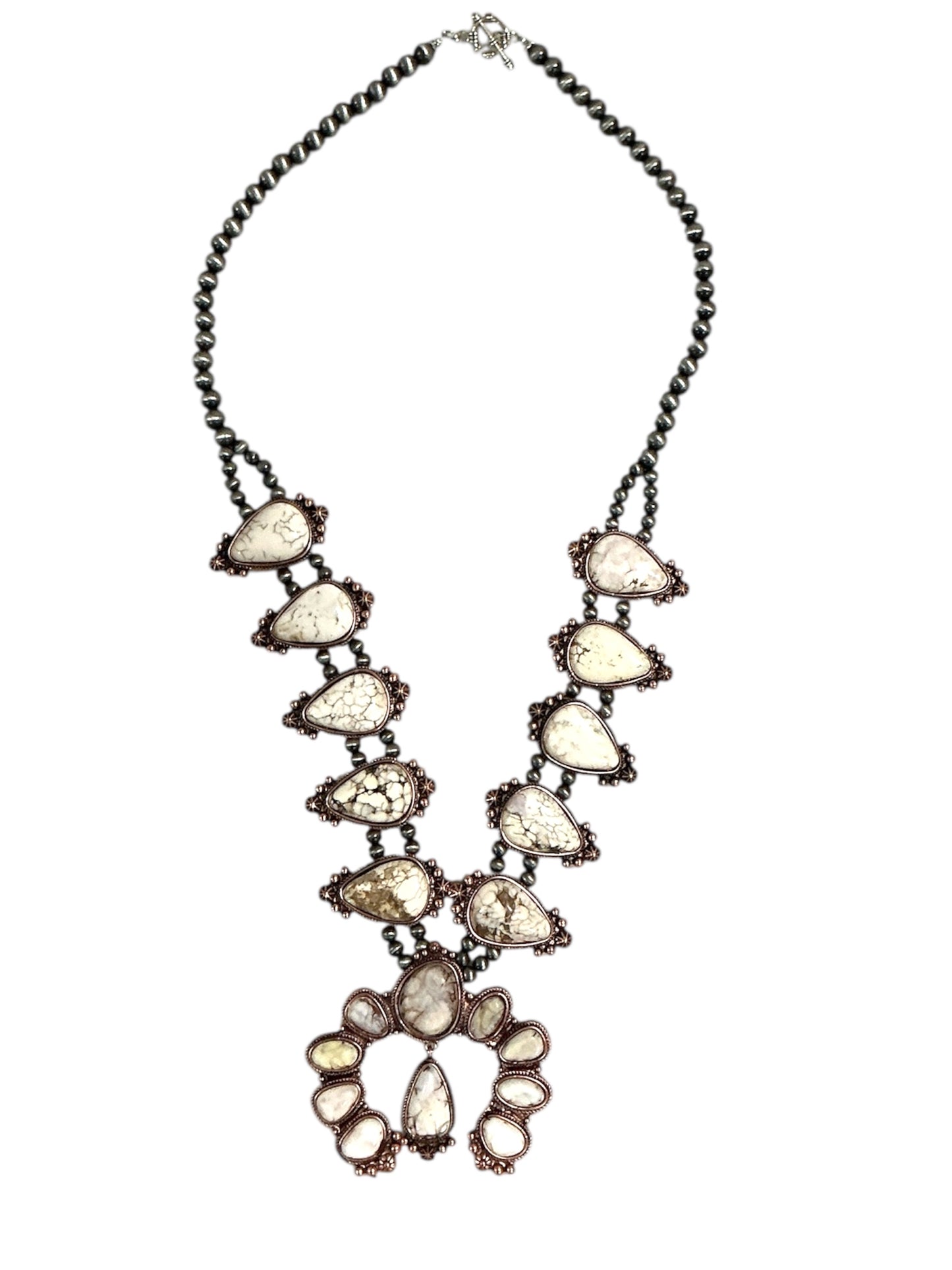 Handmade Squash blossoms cooper white turquoise Necklace