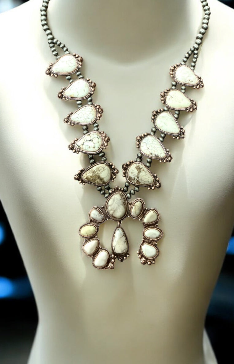 Handmade Squash blossoms cooper white turquoise Necklace