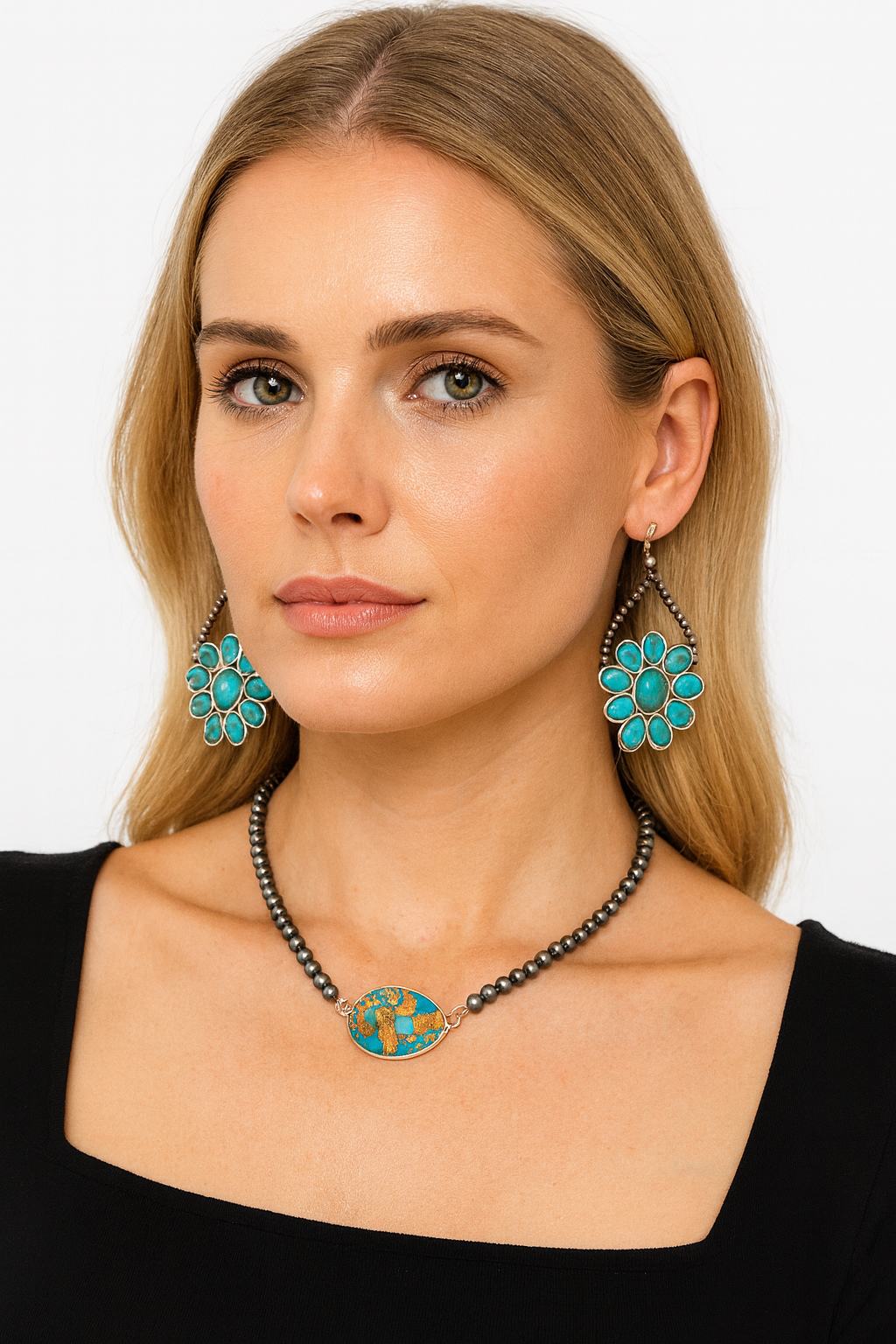 Handmade Western Squash Blossom Turquoise Concho Earrings, Navajo Style Boho Cowgirl Jewelry, Antique Silver Bead Drop Earrings, Gift for Her