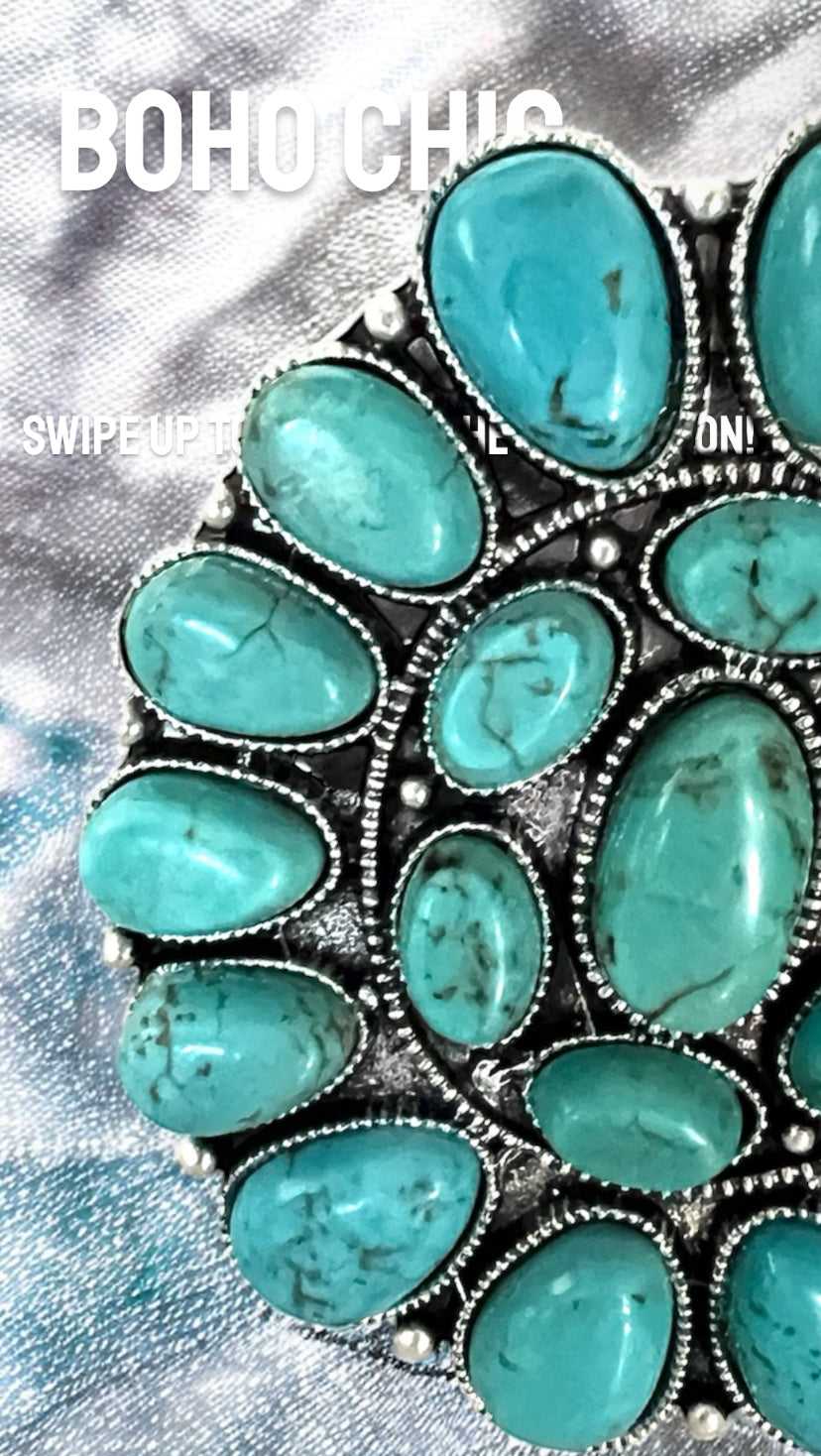 Big! Navajo Turquoise Split Shank Cuff Bracelet, Western Boho Statement Jewelry, Antique Silver Plate Adjustable Cuff 710633