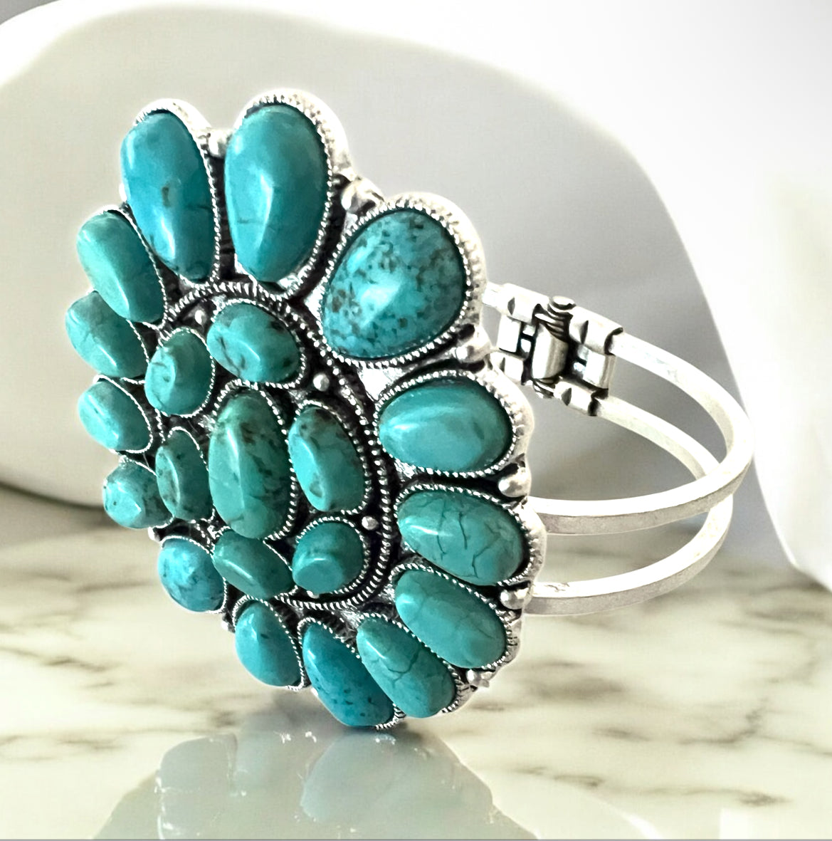 Big! Navajo Turquoise Split Shank Cuff Bracelet, Western Boho Statement Jewelry, Antique Silver Plate Adjustable Cuff 710633