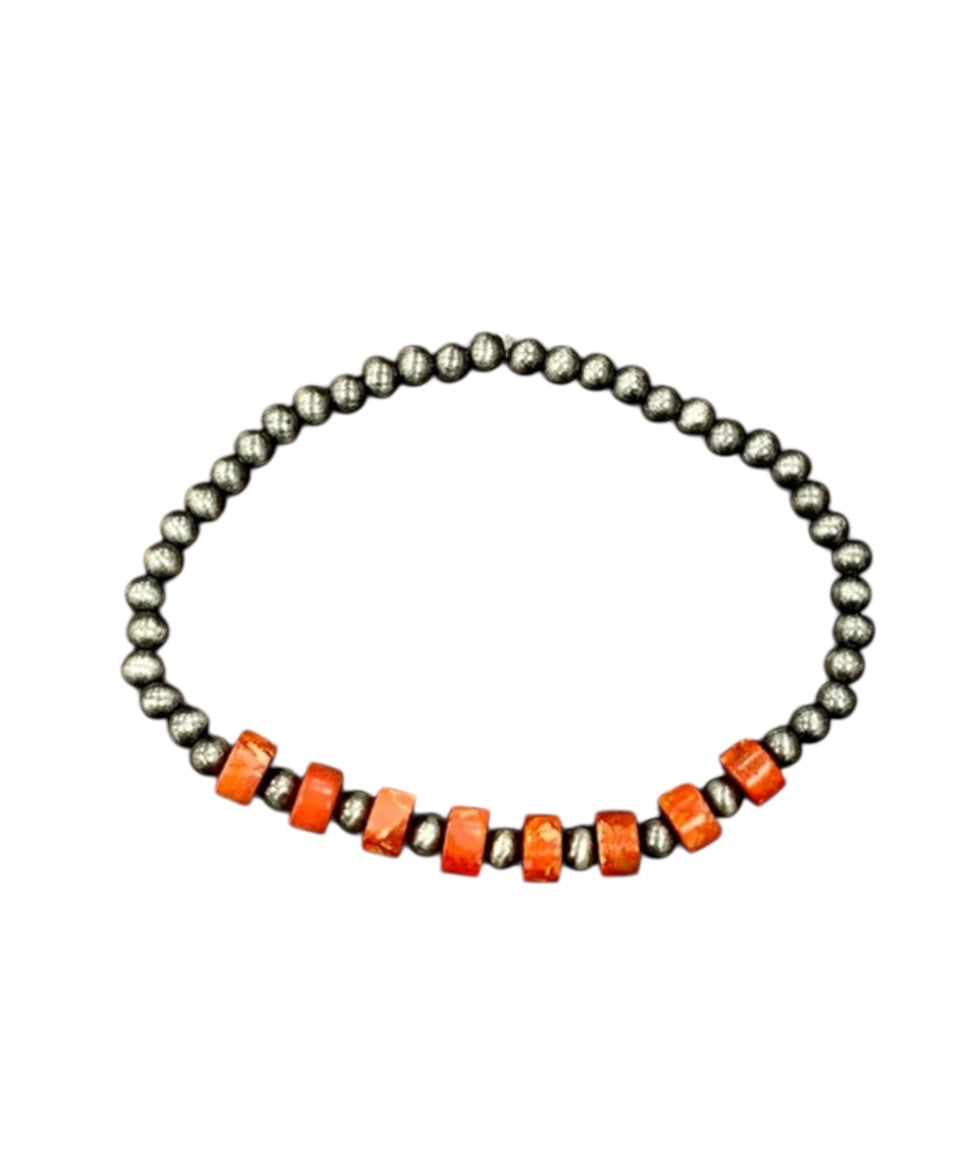 Orange Tone Natural Gemstone, Tiny 4mm Navajo Pearl Stretch Bracelet 711168