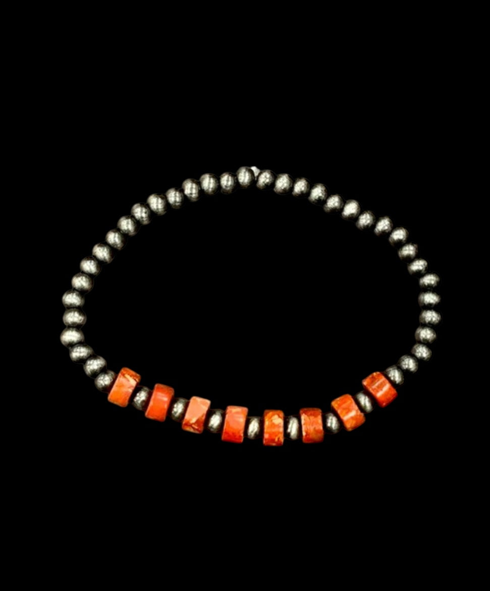 Orange Tone Natural Gemstone, Tiny 4mm Navajo Pearl Stretch Bracelet 711168