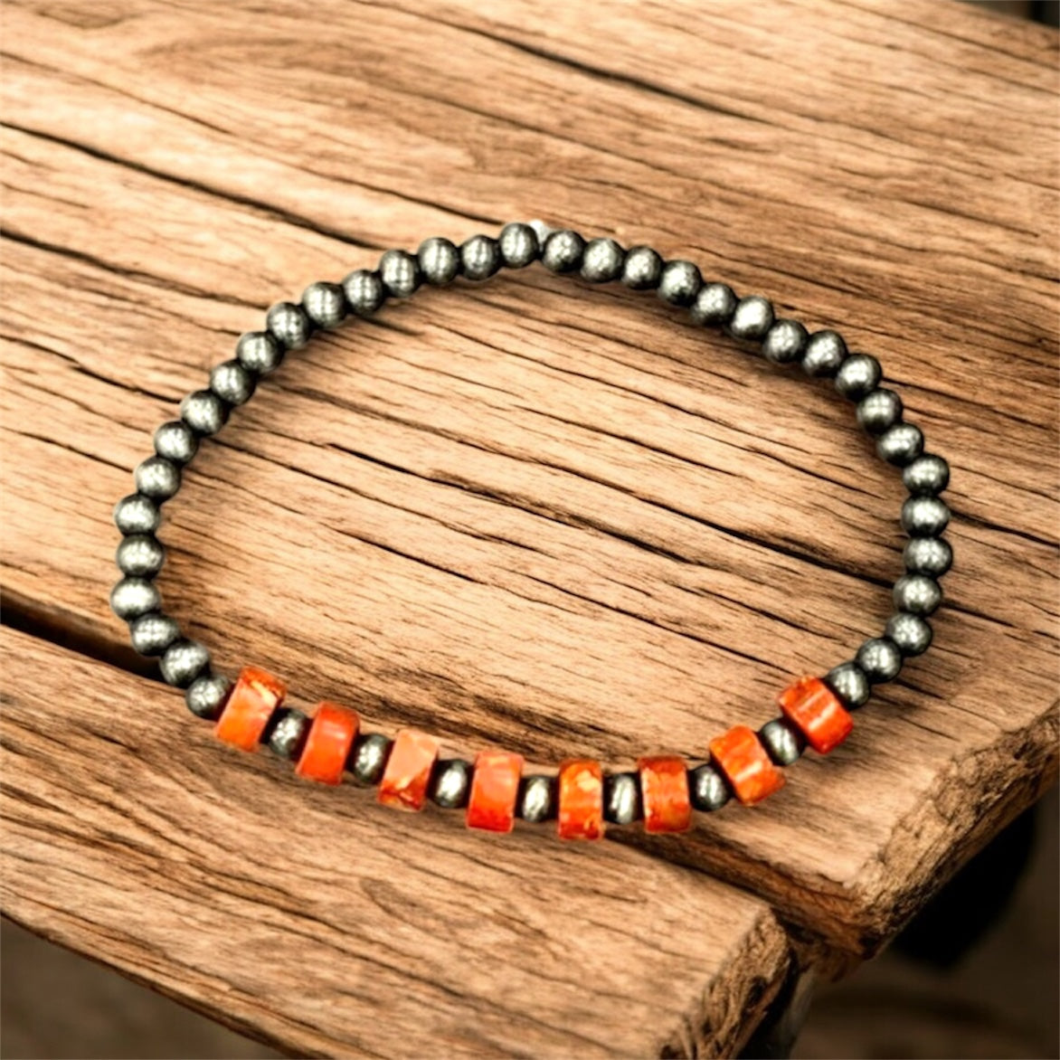 Orange Tone Natural Gemstone, Tiny 4mm Navajo Pearl Stretch Bracelet 711168