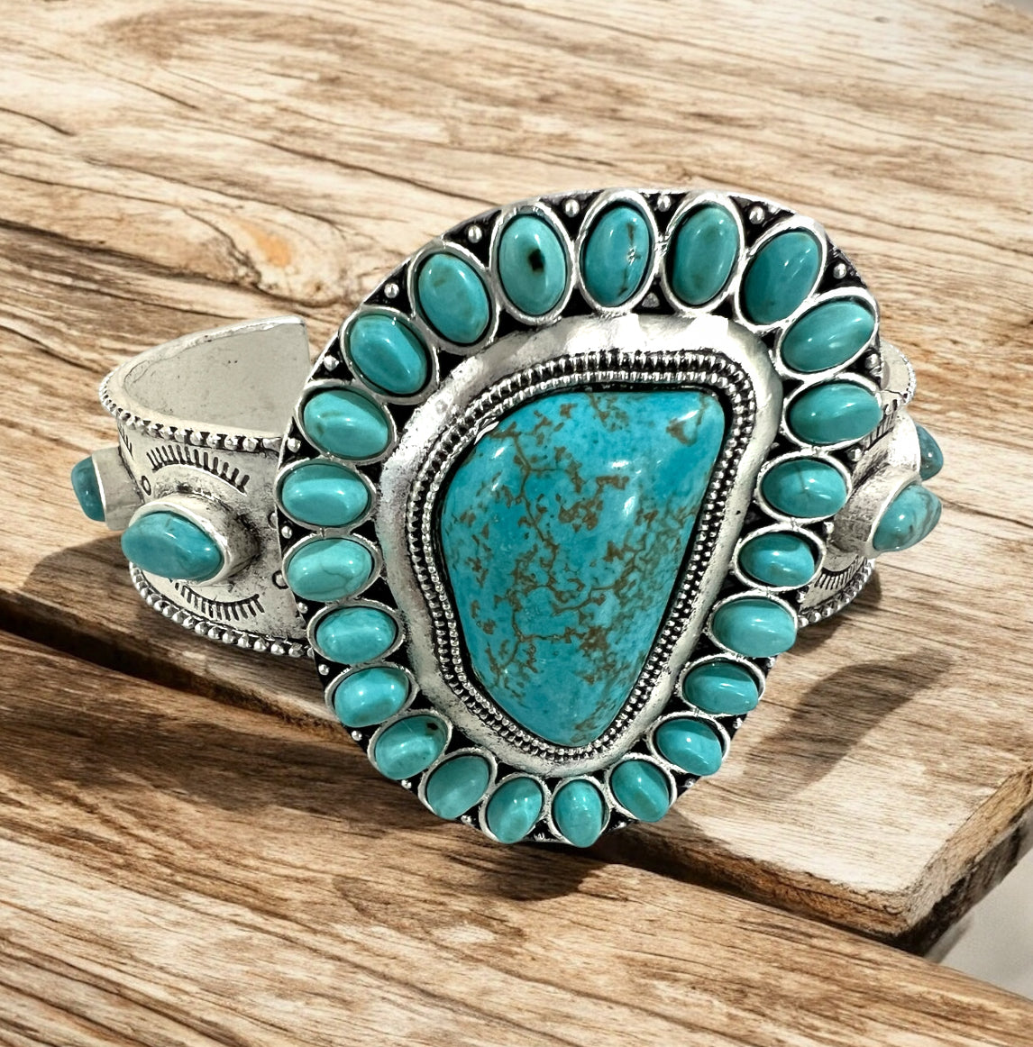 Big! Navajo Turquoise "C" Cuff Bracelet, Western Boho Statement Jewelry, Antique Silver Plate, Non-Adjustable 711234