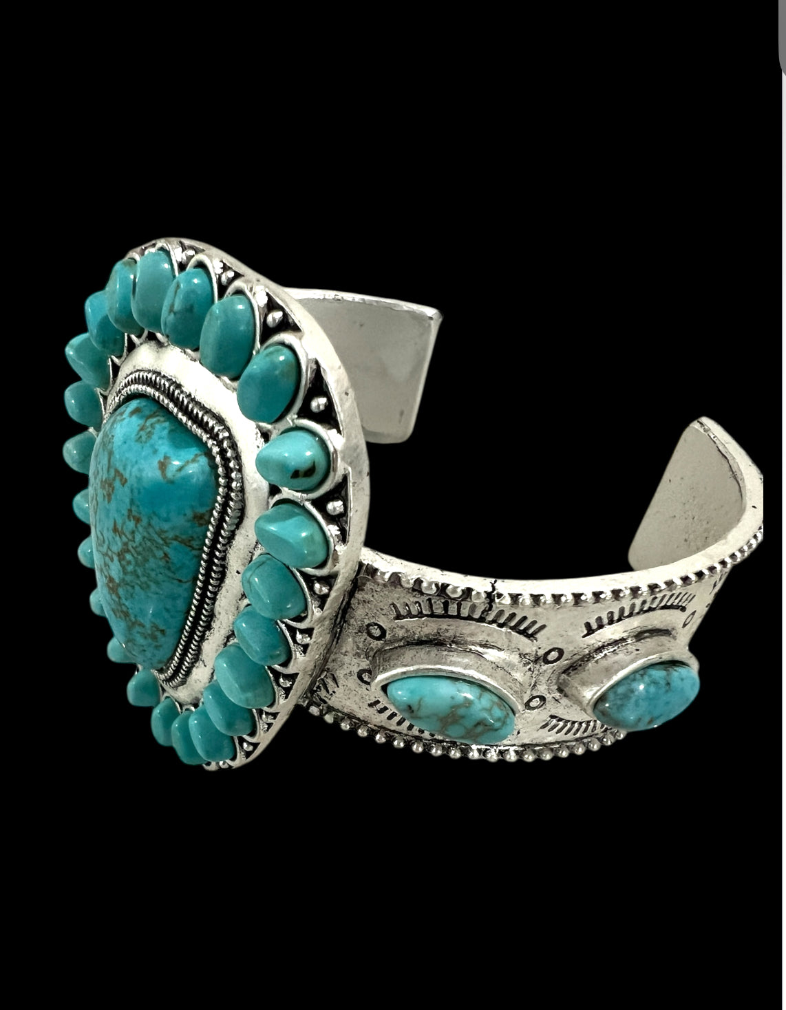 Big! Navajo Turquoise "C" Cuff Bracelet, Western Boho Statement Jewelry, Antique Silver Plate, Non-Adjustable 711234