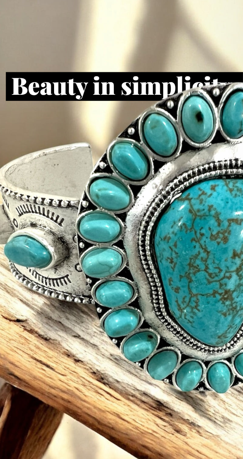 Big! Navajo Turquoise "C" Cuff Bracelet, Western Boho Statement Jewelry, Antique Silver Plate, Non-Adjustable 711234