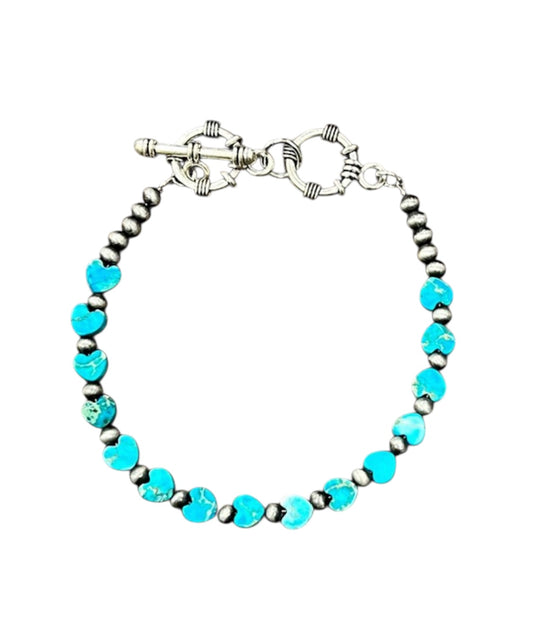 Handmade Adjustable Bracelet – 6mm Heart Gemstone & 4mm Navajo Beads, 7" + 2 Toggles, Lightweight, Hypoallergenic 711471