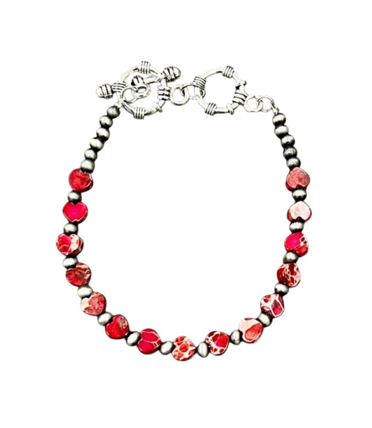 Handmade Adjustable Bracelet – 6mm Heart Gemstone & 4mm Navajo Beads, Natural Stone, 7" + 2 Toggles, Lightweight, Western Style 939091