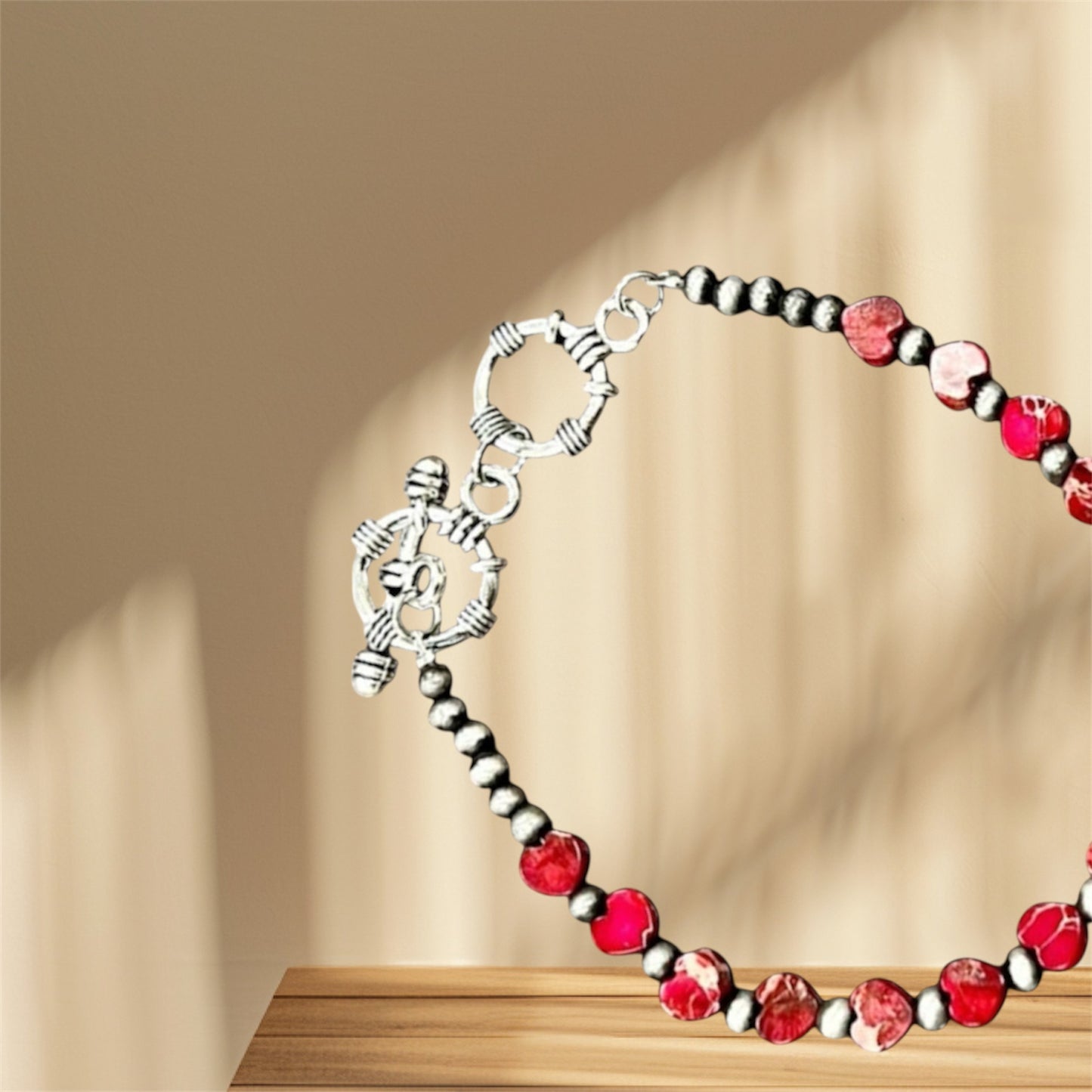 Handmade Adjustable Bracelet – 6mm Heart Gemstone & 4mm Navajo Beads, Natural Stone, 7" + 2 Toggles, Lightweight, Western Style 939091