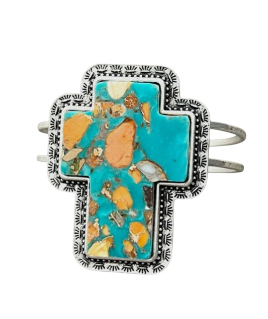 Big! Cross Gemstone Split Shank Brass Cuff Bracelet 711643