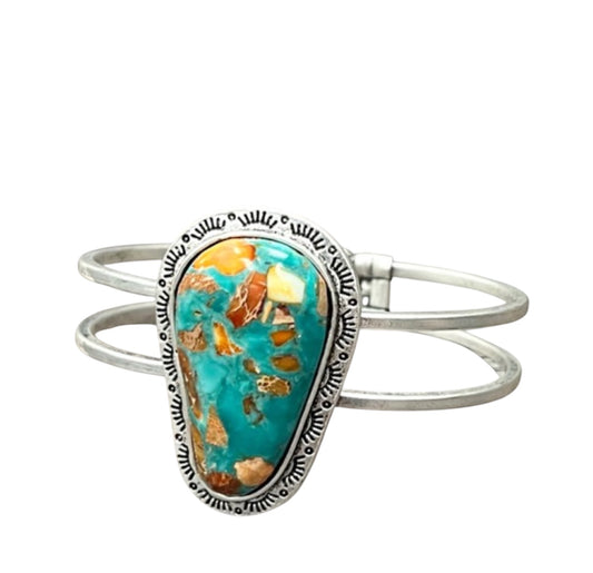 Gemstone Brass Split Shank Cuff Bracelet – 1.7" Natural Stone, Antique Silver Plated, Western Jewelry 711649