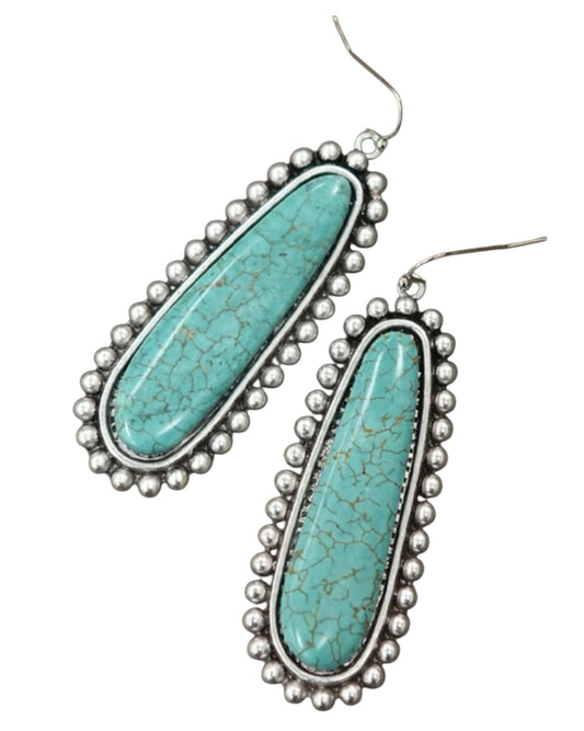 Big 2.5" Long Turquoise Drop Earrings, Western Boho Cowgirl Statement Earrings, Antique Silver Plate, Nickel Free(720500)