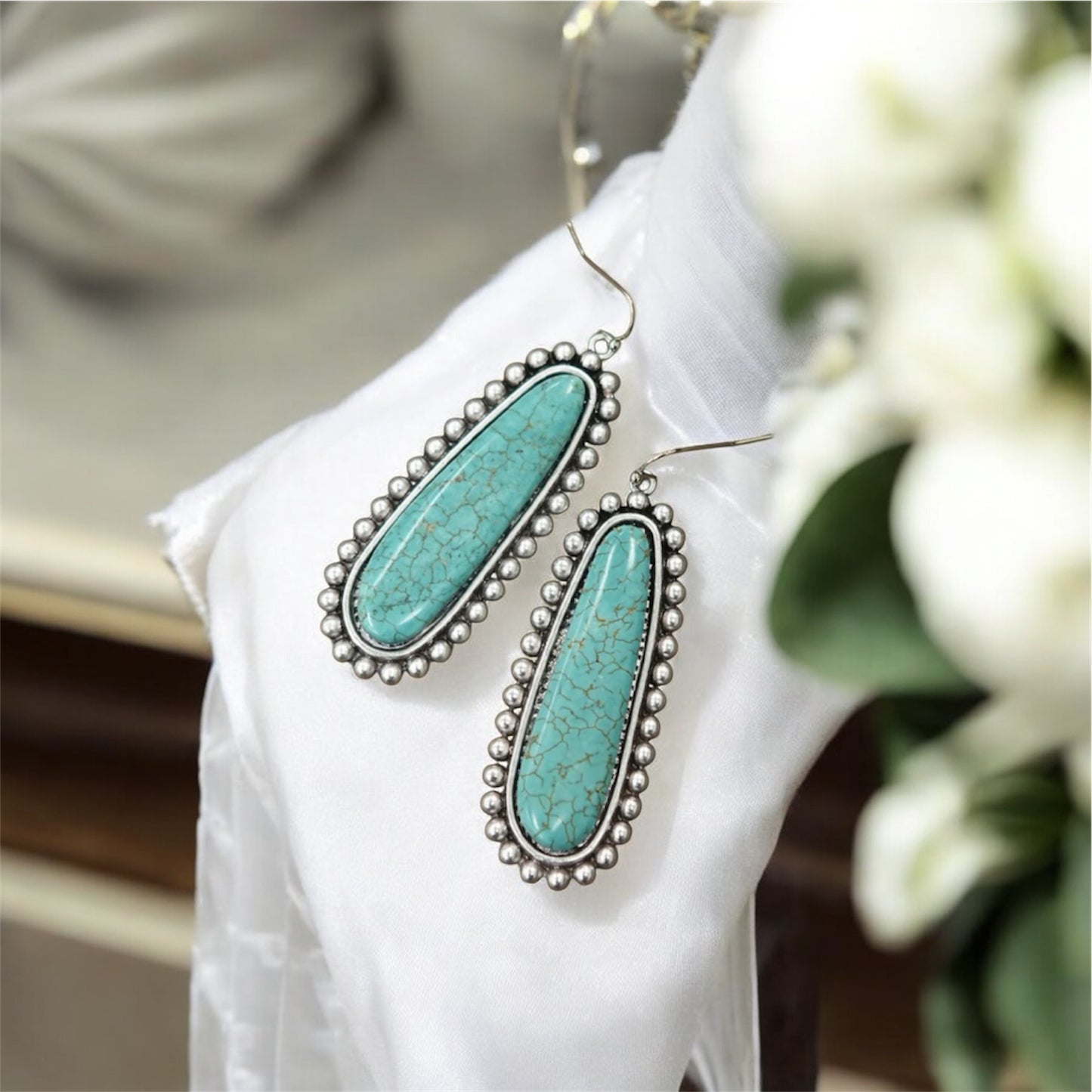 Big 2.5" Long Turquoise Drop Earrings, Western Boho Cowgirl Statement Earrings, Antique Silver Plate, Nickel Free(720500)