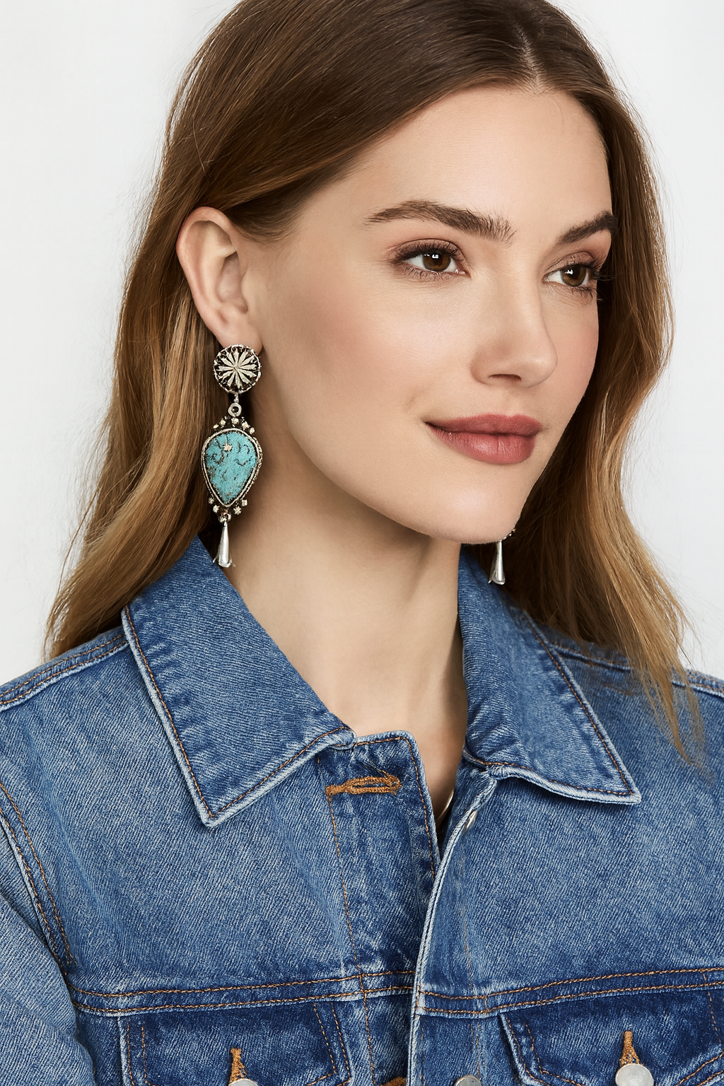 Big! 3.7" Long Squash Blossom Turquoise Brass Earrings 720862