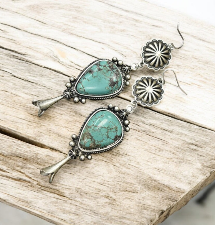 Big! 3.7" Long Squash Blossom Turquoise Brass Earrings 720862