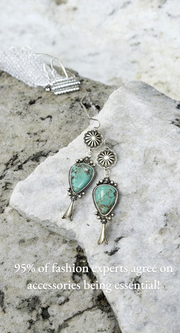 Big! 3.7" Long Squash Blossom Turquoise Brass Earrings 720862
