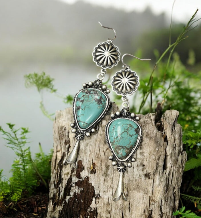 Big! 3.7" Long Squash Blossom Turquoise Brass Earrings 720862