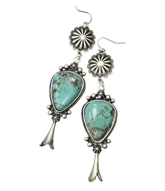 Big! 3.7" Long Squash Blossom Turquoise Brass Earrings 720862